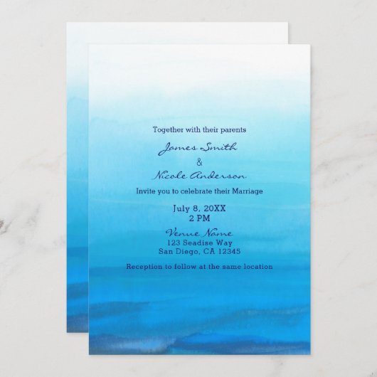 青い水彩画のビーチトロピカルウェディング招待状 招待状 (正面/裏面)