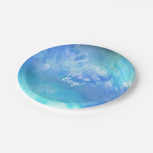 青い水彩画のペンキのベビーシャワーまたはパーティーのプレート ペーパープレート (アングル)