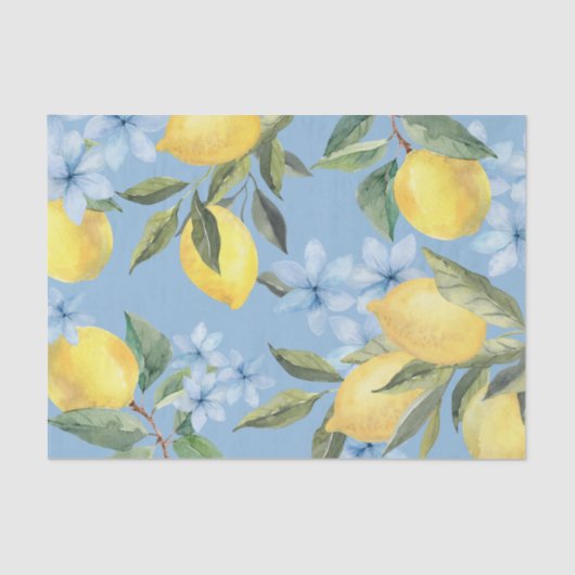 青い水彩画のレモンと花のティッシュペーパー 薄葉紙 (正面)