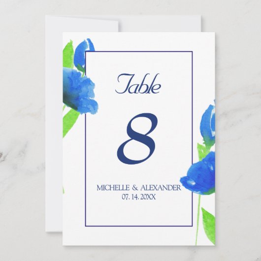 青い水彩画のワイルドフラワーのテーブルナンバーカード 招待状 (正面)