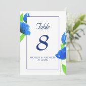 青い水彩画のワイルドフラワーのテーブルナンバーカード 招待状 (スタンド正面)