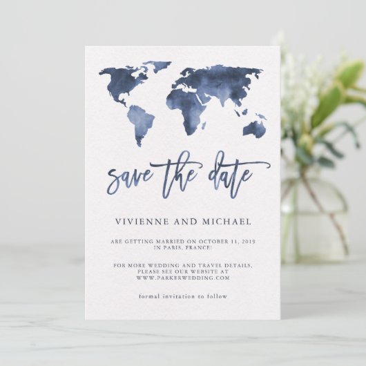 青い水彩画の世界地図 | 結婚式のSave the Date セーブザデート (スタンド正面)