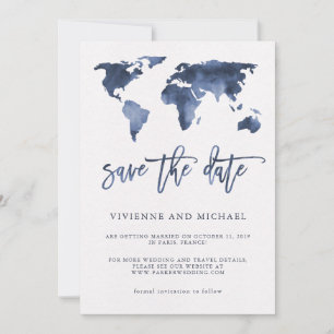 青い水彩画の世界地図 結婚式のSave the Date セーブザデート