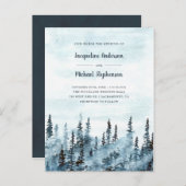 青い水彩画の冬の森林森林結婚式 インビテーションポストカード (正面/裏面)