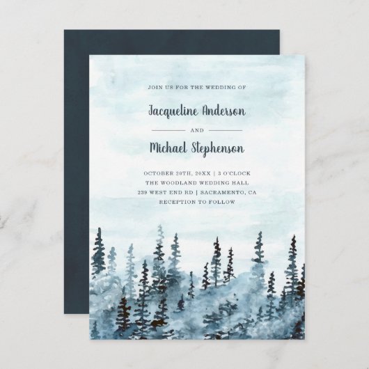 青い水彩画の冬の森林森林結婚式 インビテーションポストカード (正面/裏面)