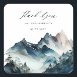 青い水彩画の山々　ウェディングに感謝 スクエアシール<br><div class="desc">ブルーマウンテンの素朴なコレクション。全セットはこちら https://www.zazzle.com/collections/blue_watercolor_mountains-119930444621335812</div>