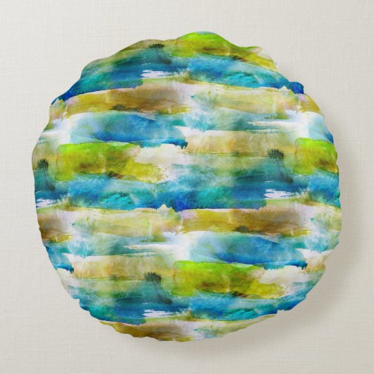 青い水彩画の抽象的な緑 ラウンドクッション (裏面)