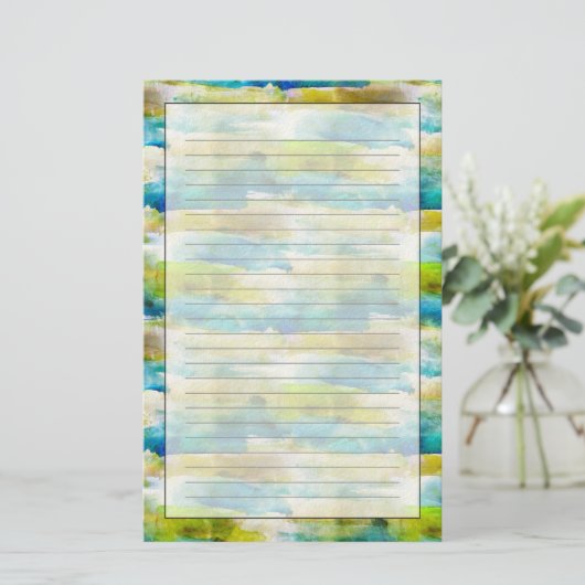 青い水彩画の抽象的な緑 便箋 (スタンド正面)