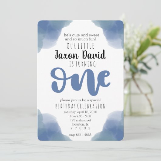 青い水彩画の最初誕生日の招待状 招待状 (スタンド正面)