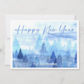 青い水彩画の松の木　冬　ハッピー・ニュー・イヤー・エッチ シーズンカード (正面)