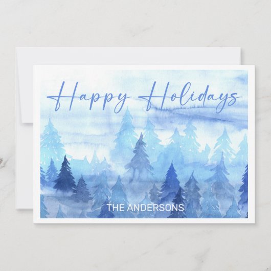 青い水彩画の松の木　冬　幸せなホリデーシーズン シーズンカード (正面)