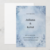 青い水彩画の枠線が入った結婚式の招待状を保存して 招待状 (正面/裏面)