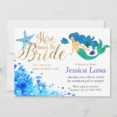 青い水彩画の海底甘い人魚の金文字 招待状 (正面)