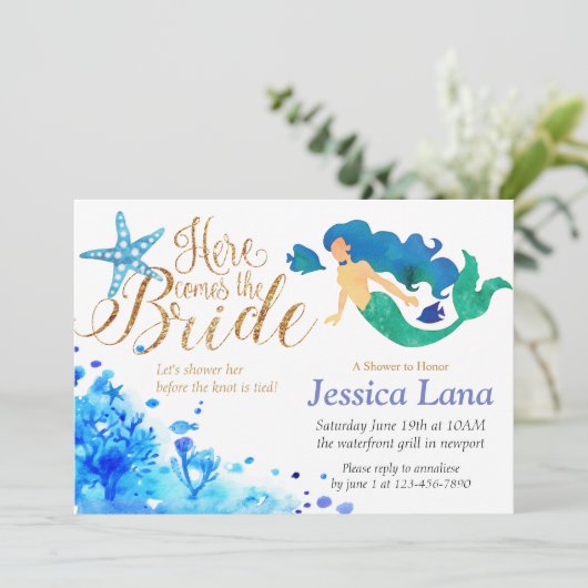 青い水彩画の海底甘い人魚の金文字 招待状 (スタンド正面)