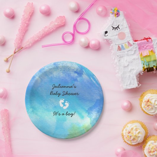 青い水彩画の男の子のベビーシャワーの紙皿 ペーパープレート (パーティー)