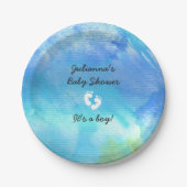青い水彩画の男の子のベビーシャワーの紙皿 ペーパープレート (正面)