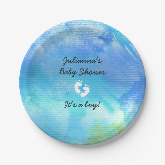 青い水彩画の男の子のベビーシャワーの紙皿 ペーパープレート (正面)