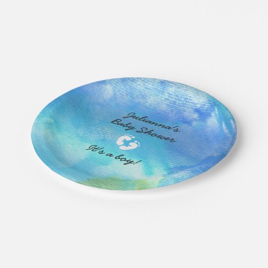青い水彩画の男の子のベビーシャワーの紙皿 ペーパープレート (アングル)