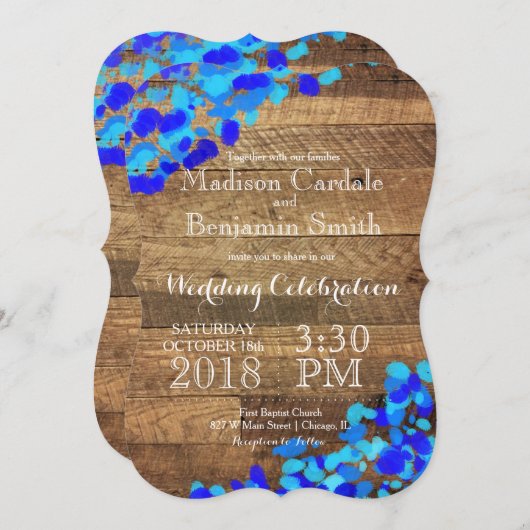 青い水彩画の素朴な納屋の木製の結婚式の招待 招待状 (正面/裏面)