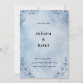 青い水彩画の縁取りが付いた「日程を保存してね」招待状 招待状 (正面)