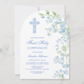 青い水彩画の花のアーチ ファースト・コミュニオン 招待状 (正面)
