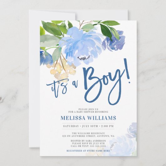 青い水彩画の花の男の子のベビーシャワー 招待状 (正面)