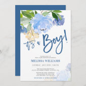 青い水彩画の花の男の子のベビーシャワー 招待状 (正面/裏面)