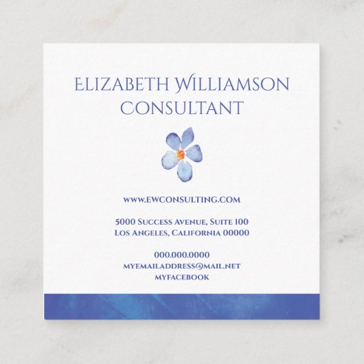 青い水彩画の花の花柄のプロフェッショナル スクエア名刺 (裏面)