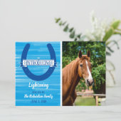 青い水彩画の蹄鉄の馬の写真の発表 案内状 (スタンド正面)