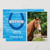 青い水彩画の蹄鉄の馬の写真の発表 案内状 (正面/裏面)