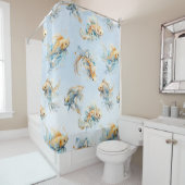 青い水彩画の金と白の鯉の花 シャワーカーテン (インサイチュ)