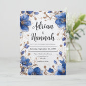 青い水彩画の金のラメ花のウェディング 招待状 (スタンド正面)