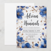 青い水彩画の金のラメ花のウェディング 招待状 (正面/裏面)