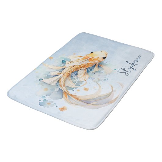 青い水彩画の金の鯉の魚のオーダーメイド バスマット (アングル)