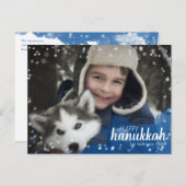 青い水彩画の降雪のハヌカーの休日の写真 シーズンポストカード (正面/裏面)