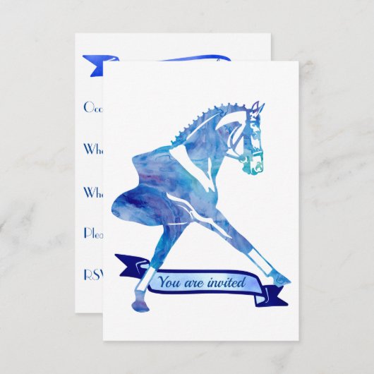 青い水彩画の馬場馬術の馬 サンキューカード (正面/裏面)