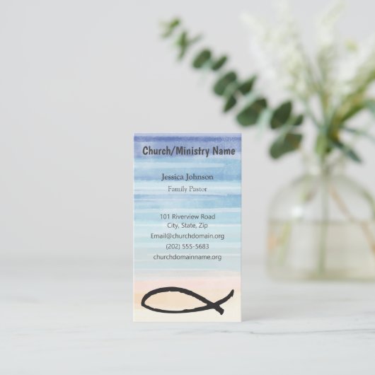 青い水彩画の魚教会大臣の名刺 名刺 (スタンド正面)