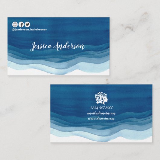 青い水彩画は美容師のモダンな会合を振ります 名刺 (正面/裏面)