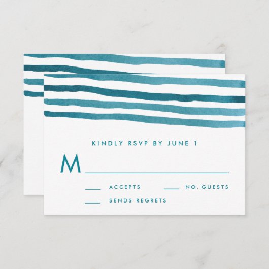 青い水彩画ストライプな結婚RSVPのカード 出欠カード (正面/裏面)