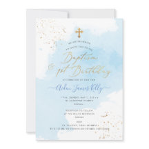 青い水彩色金ゴールド洗礼+第1誕生日