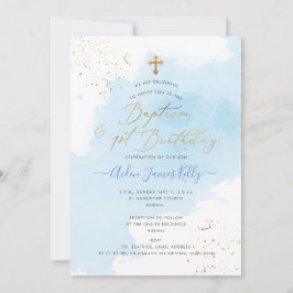 青い水彩色金ゴールド洗礼+第1誕生日 招待状