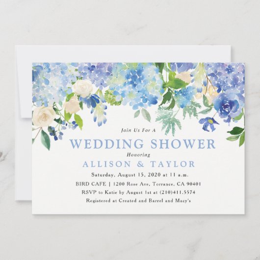 青い水彩花のウェディングシャワー招待状 招待状 (正面)