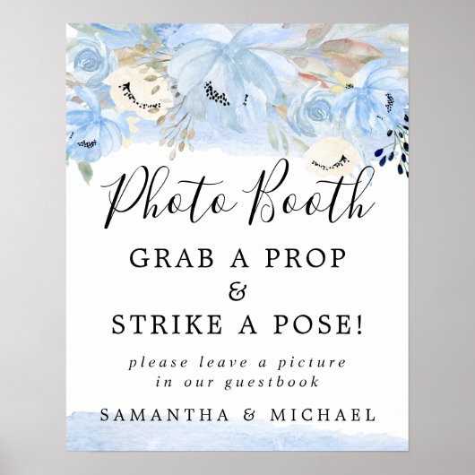 青い水彩花のウェディングフォトブース看板 ポスター (正面)