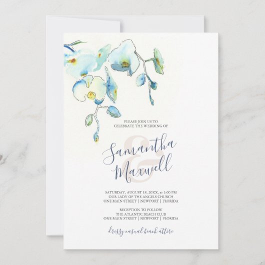 青い水彩花のウェディング招待状 (正面)