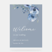 青い水彩花のウェディング ウェルカム アクリルサイン (正面)