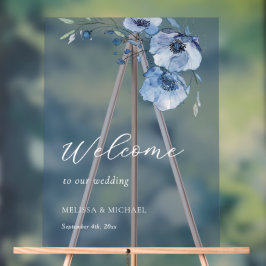 青い水彩花のウェディング ウェルカム アクリルサイン