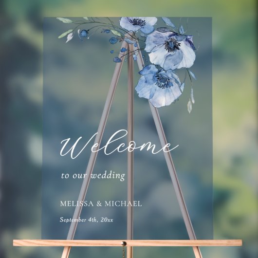 青い水彩花のウェディング ウェルカム アクリルサイン (ニュートラル)