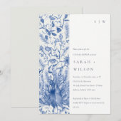 青い水彩花のピーコック カップルシャワー 招待状 (正面/裏面)
