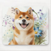 青い水彩花の秋田犬・柴犬マウスパッド マウスパッド (正面)