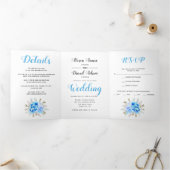 青い水彩花の花束 ウェディングフォト 三つ折り招待状 (内部)